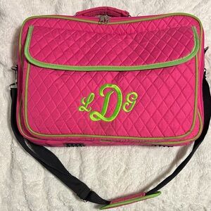 Hot Pink Quilted Monogrammed Laptop Bag with Lime Trim